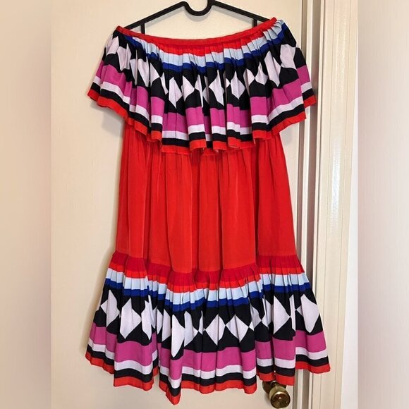 Kate Spade New York, Geo Border Printed Pleated Dress, Red Strapless, Flowy, 6 - Picture 4 of 10